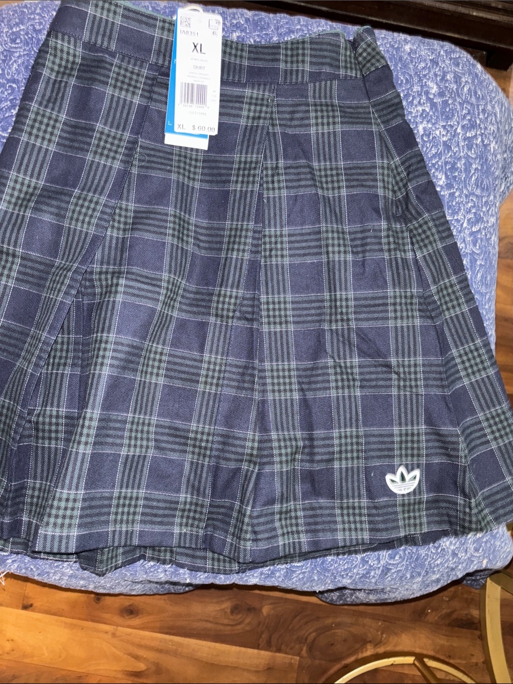 adidas Navy and Green Plaid Pleated Skirt with Trefoil